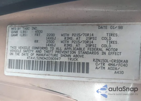 1998 Toyota Tacoma из США, поврежденный, VIN 4TAVL52N0WZ090947